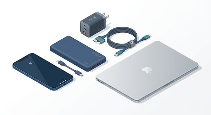 A compact GaN charger and braided cable ready for travel.