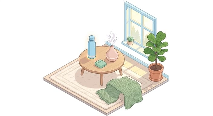 A tranquil in-home decompression corner designed for reset and mindful breathing.