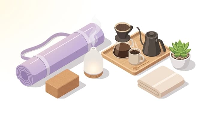 A serene spring morning ritual setup with yoga, aromatics, and coffee for mindful starts.