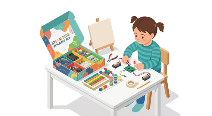 A child explores a subscription box with art supplies and a tiny circuit kit at a clean desk.