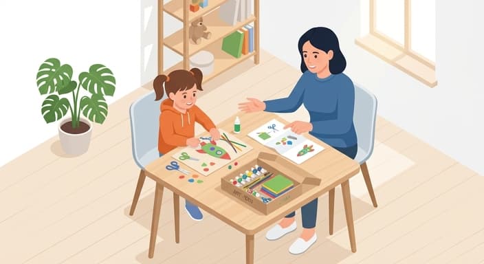 Parent and child share a calm crafting moment as the box opens and the project begins.