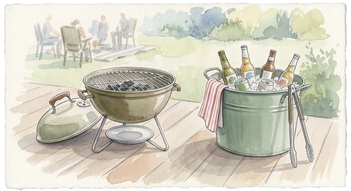 A compact portable charcoal grill sits on a deck next to a powder-coated drink tub, ready for a small backyard gathering.