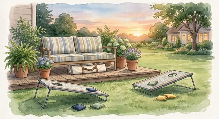 A backyard at dusk with a portable fabric-top cornhole set and a canvas storage bag under a low outdoor sofa.