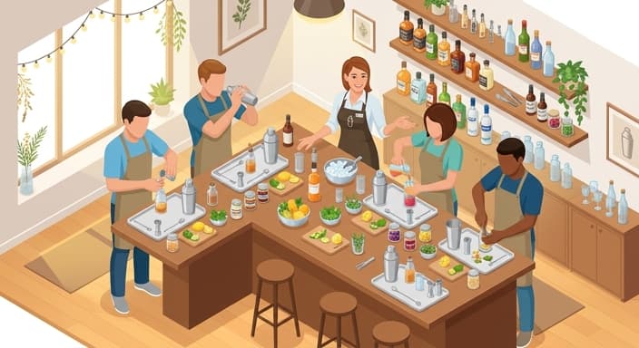 Participants in a cocktail-mixing workshop gather around a long bar to craft their drinks.