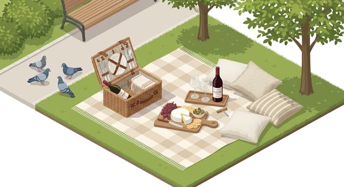 A chic luxury picnic laid out on a blanket with a wicker basket, cheese board, and wine in a sunlit park.