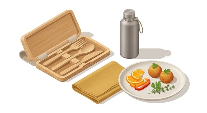 A compact bamboo utensil set and a lightweight reusable bottle accompany a simple festival snack in a tidy meal setup.