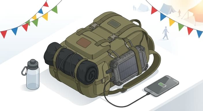 A rugged solar-powered power bank charges a phone from a festival-ready backpack.