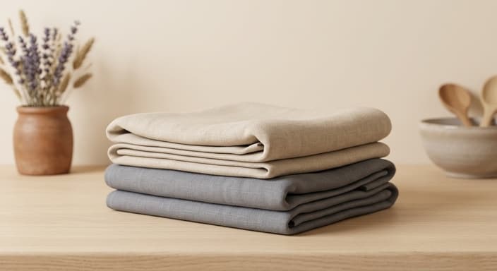 Plain heavyweight linen towels in neutral tones, neatly folded.