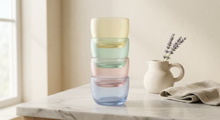 Clear, stackable glass tumblers on a pale marble counter.