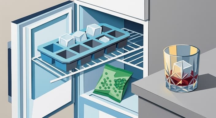 A large silicone ice cube tray in an open freezer, with a bag of frozen peas for scale.