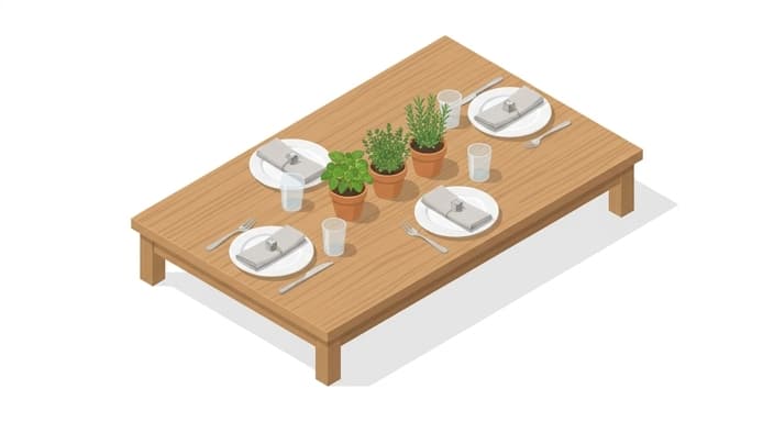 A neatly set outdoor table with weighted linen napkins ready for a breezy summer evening.