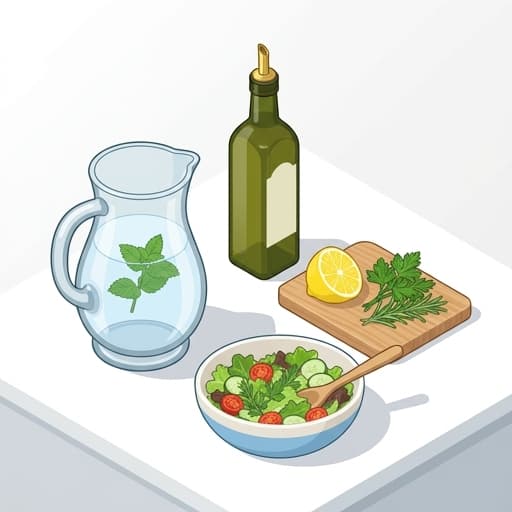 A glass pitcher and a bottle of olive oil ready for gifting on a clean kitchen counter.