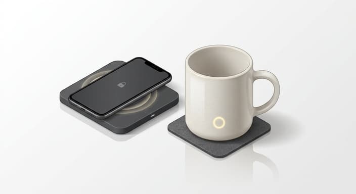 A ceramic mug with a charging dock and a nearby smartphone on a clean surface, illustrating a tech-focused host gift.