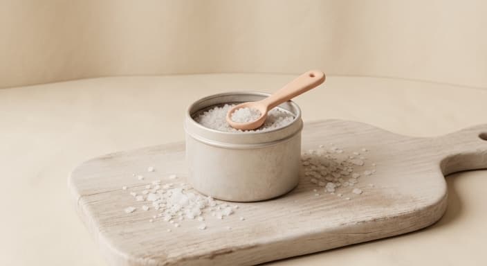 A minimalist tin of finishing salt ready to accompany a thoughtful food gift.