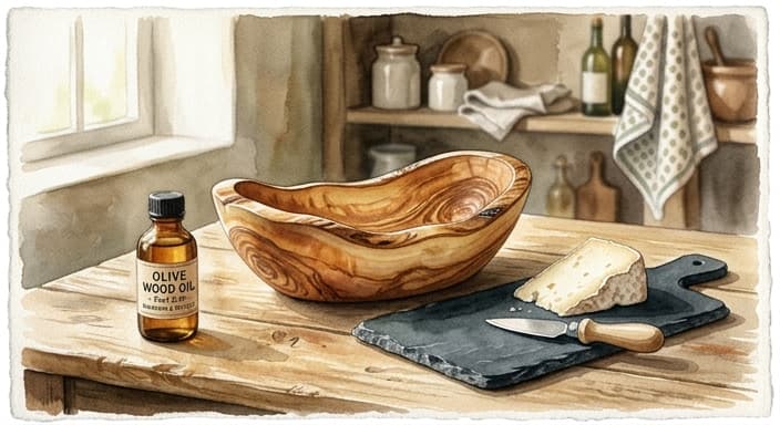 Hand-carved olive wood bowl and raw slate cheese board on a rustic table with a small oil bottle nearby.