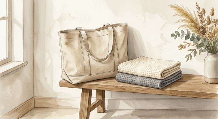 A heavy canvas tote and folded waffle-weave towels in neutral tones ready as a host gift.