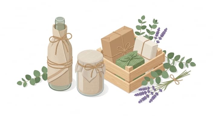 A sustainable presentation scene highlighting natural fabrics and reusable wrapping for a summer host gift.
