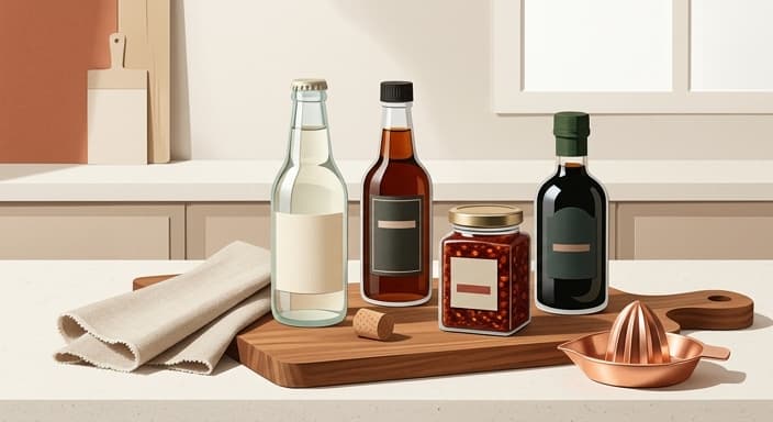 A curated bar-and-condiments gift set arranged on a wood surface.