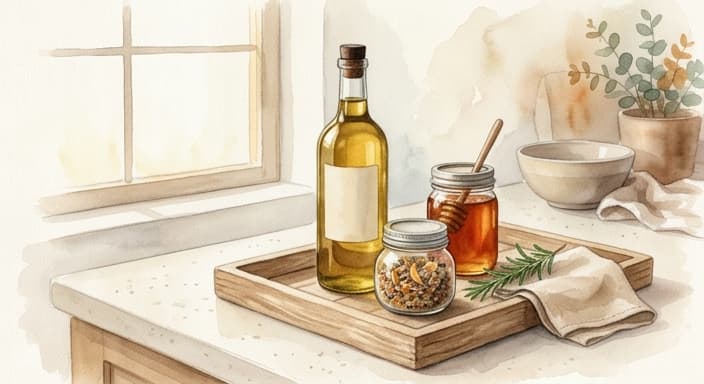 A neatly arranged trio of pantry essentials on a light wooden tray.