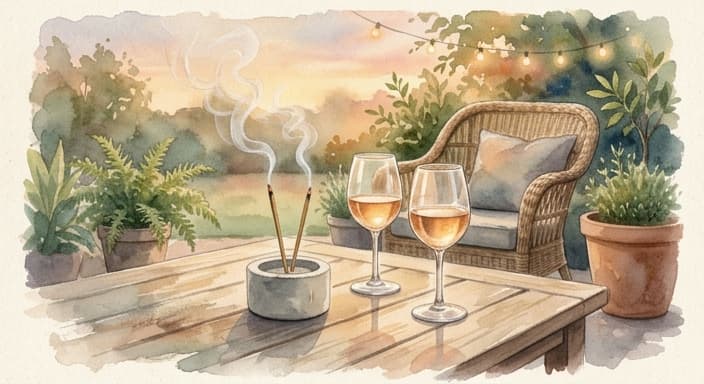 An outdoor hosting nook featuring citronella incense on a concrete holder and a pair of clear acrylic wine glasses.