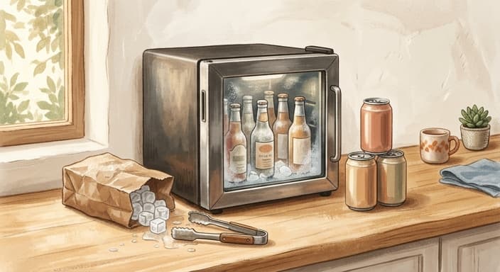 A portable electric beverage chiller with a bag of ice on a kitchen counter, ready for a summer host.