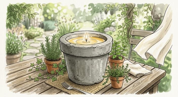 A heavy concrete planter doubles as a citronella candle on a garden table.