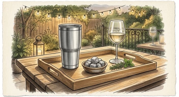 A sleek insulated tumbler sits beside a dish of chilling stones on a garden party bar.