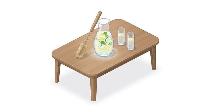 A glass water carafe with infused water sits on a clean, uncluttered table beside two glasses.