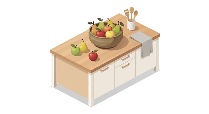 A heavy stoneware fruit bowl sits on a minimalist counter, displaying fresh fruit.