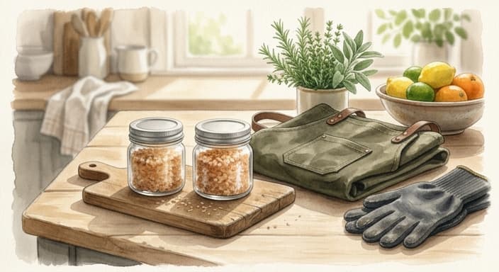A tasteful summer gift set on a kitchen counter: smoked-salt jars and a waxed canvas grilling apron.