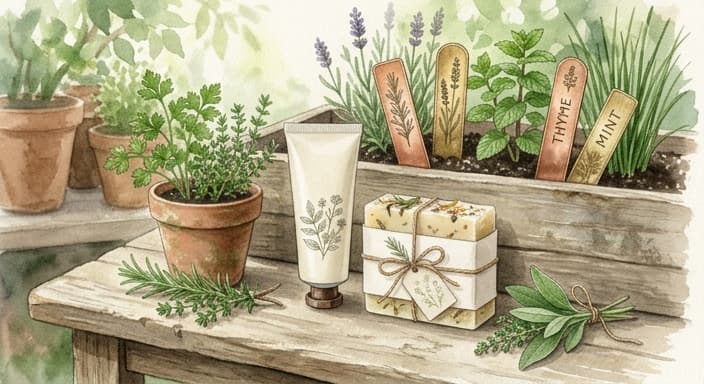 Botanical hand cream and gardener's soap sit beside herb pots on a wooden table.