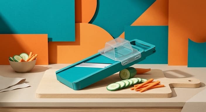 A generic vegetable slicer with safety guard sits beside fresh sliced vegetables on a cutting board.