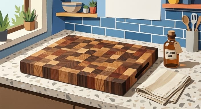 A heavy, thick end-grain wooden cutting board rests on the counter beside an oil bottle and a cloth.