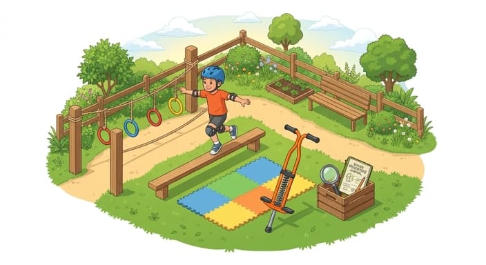 A child tests a backyard obstacle course with a pogo stick, while nature exploration gear waits nearby.