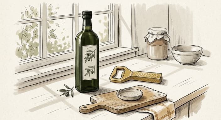 A premium olive oil bottle sits beside a sleek brass bottle opener on a kitchen counter.