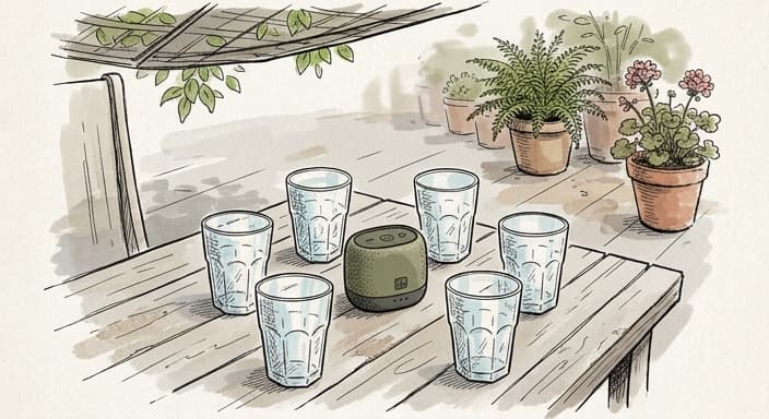 Six clear shatterproof outdoor glasses sit around a matte Bluetooth speaker on a patio table.