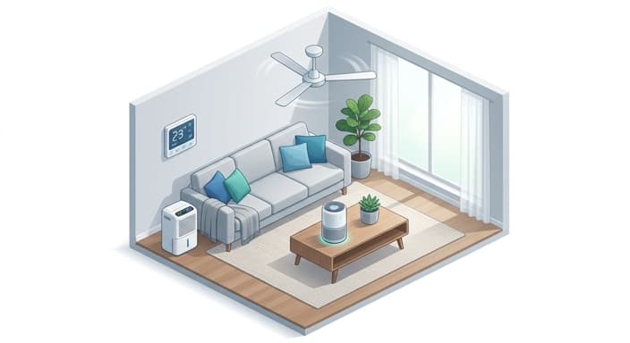 A contemporary living room showing humidity and temperature control with a smart dehumidifier, ceiling fan, and thermostat.