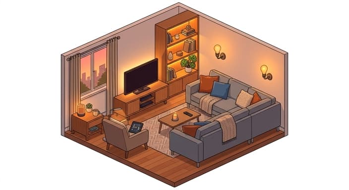 A sunset-lit living room scene illustrating presence simulation and sunset ambiance for summer smart homes.