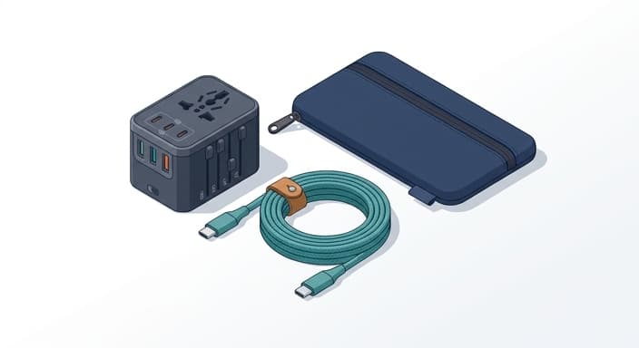 A neatly organized travel charging kit with a multi-port universal adapter and a tangle-free cable.