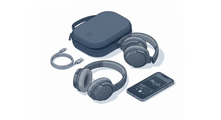 Noise-canceling headphones ready for travel beside a smartphone.