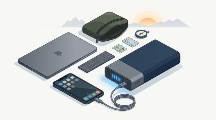 Travel-ready power bank, phone, and laptop arranged for quick use on the go.