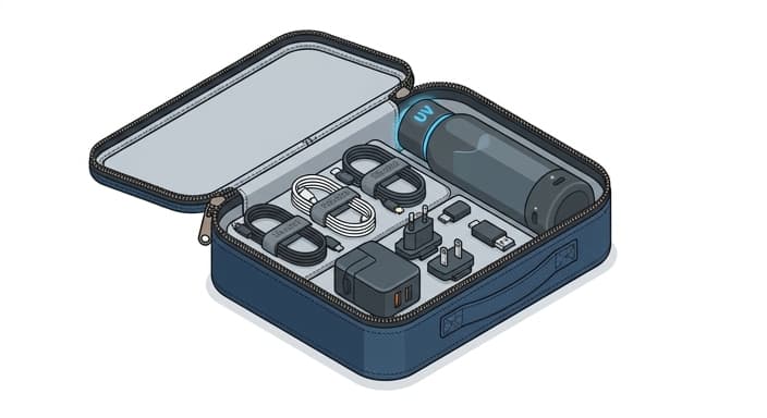 A neatly organized tech kit inside a rugged pouch with coiled cables and a UV water bottle.