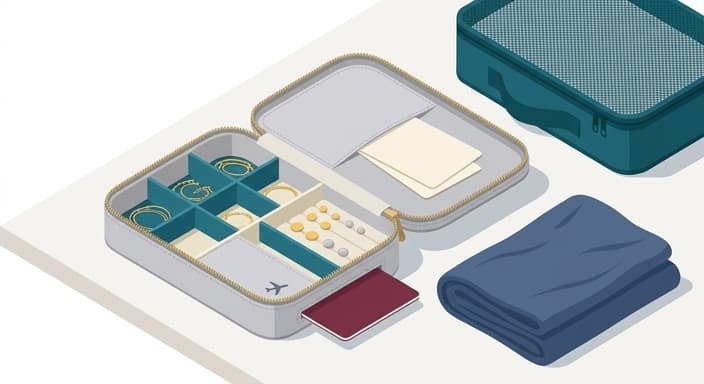Travel-ready jewelry organizer with organized pieces and hidden pockets.