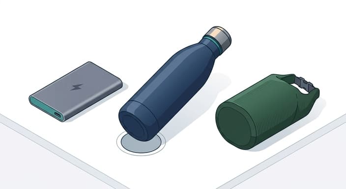 Curated traveler toolkit with an insulated bottle and compact power bank for long trips.