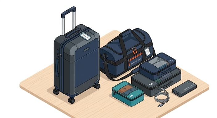 A neatly organized travel setup featuring a wheeled suitcase, a rugged duffel, packing cubes, and a power bank for on-the-go charging.