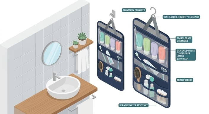 A hanging silicone toiletry organizer filled with leak-proof bottles, ready for travel.