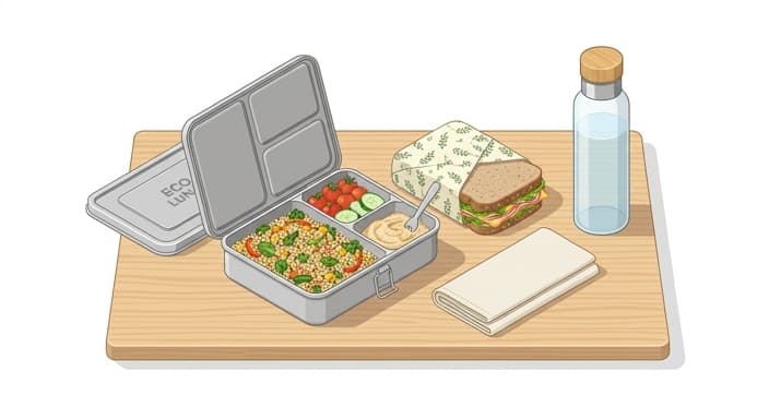 A clean isometric still life showing a stainless steel bento box and beeswax wraps ready for daily sustainable use.