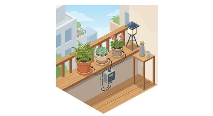 An isometric outdoor balcony scene highlighting carbon-light, waste-free gifts for a minimalist, eco-conscious lifestyle.
