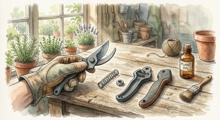 A modular pruning tool shown with replaceable parts arranged for maintenance.