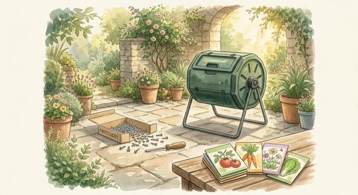 A compost tumbler ready for assembly beside a box of screws and heirloom seed packets.